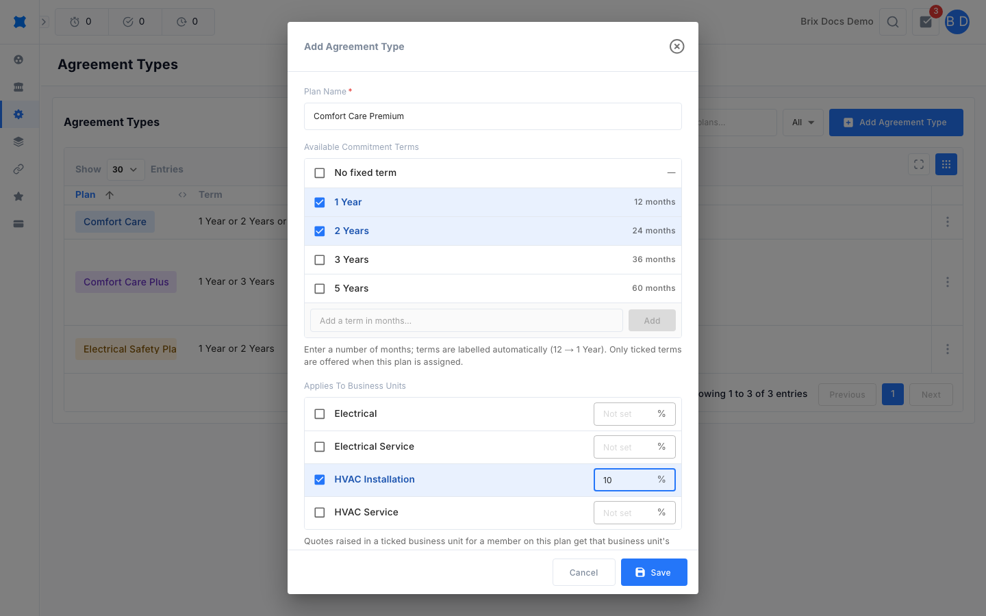 Agreement type form with terms ticked and a discount entered for one business unit