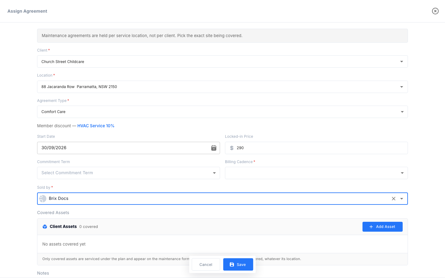 Assign Agreement dialog with client, location, agreement type and price filled in, and Cancel and Save buttons at the bottom