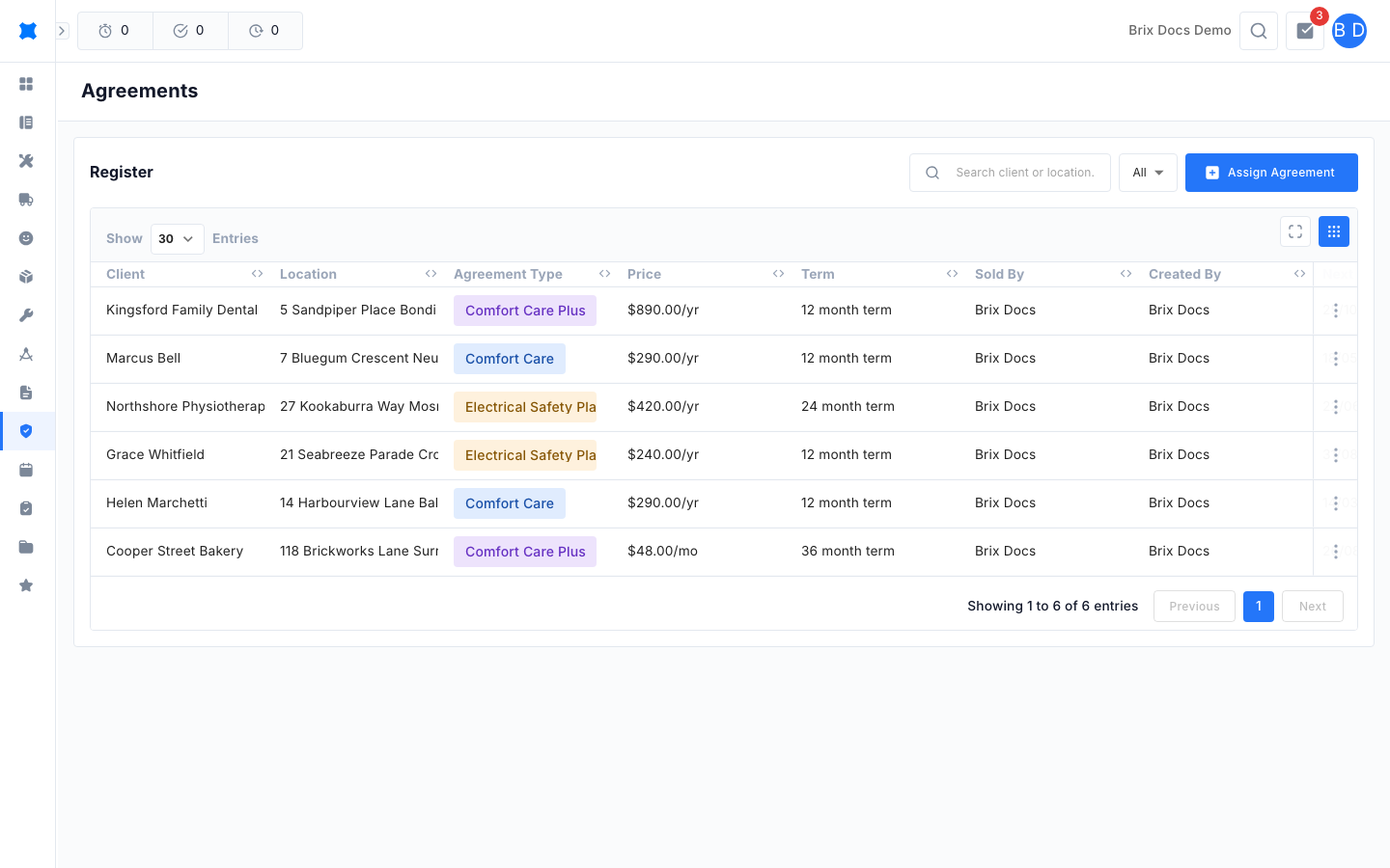 Agreements register with the status filter and rows for several clients