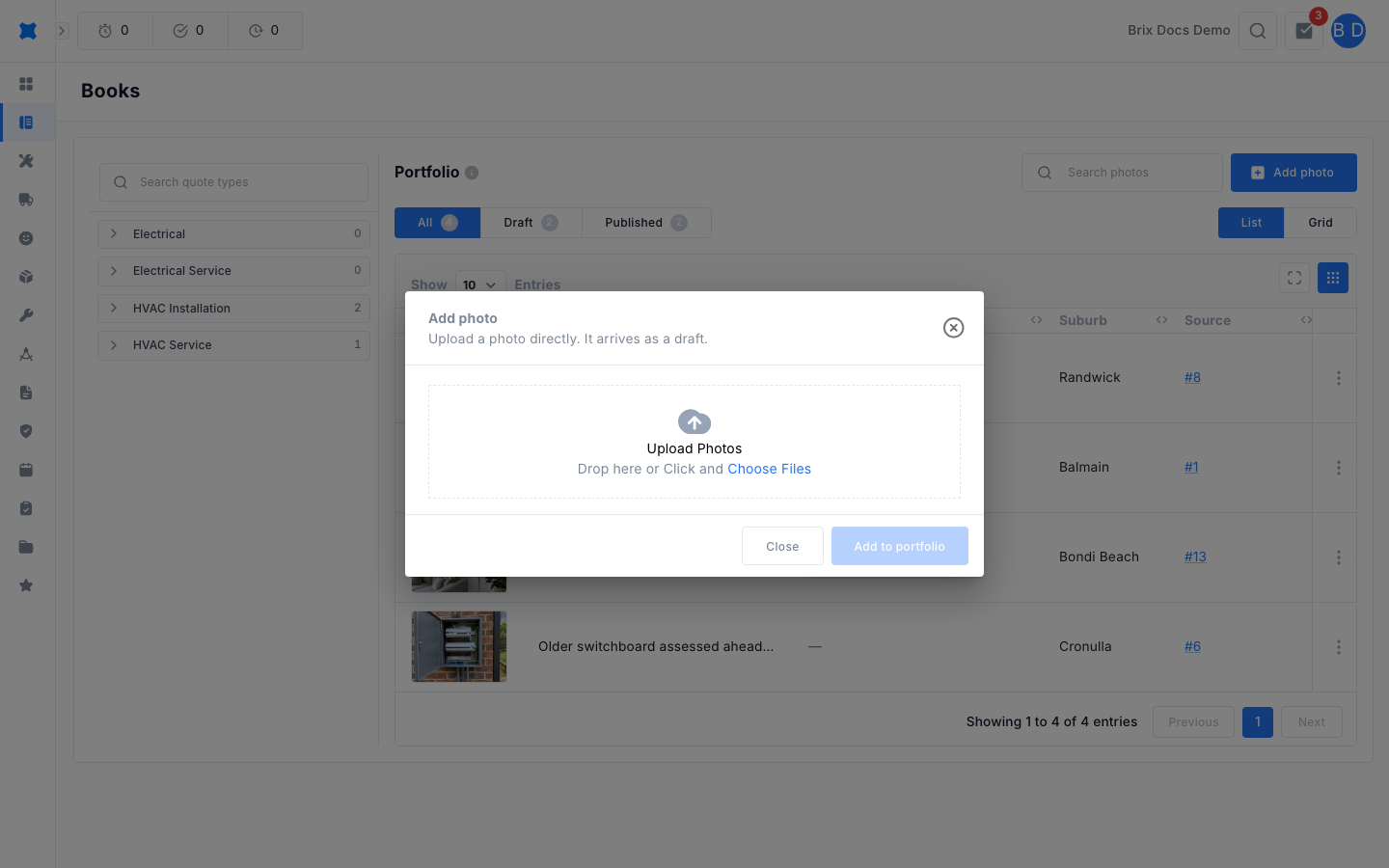 Add photo window with an upload area and an Add to portfolio button
