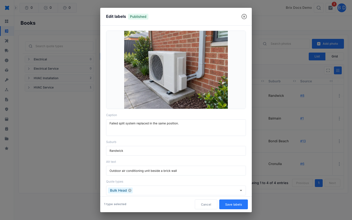 Edit labels window with the photo, caption, suburb, alt text and quote types fields