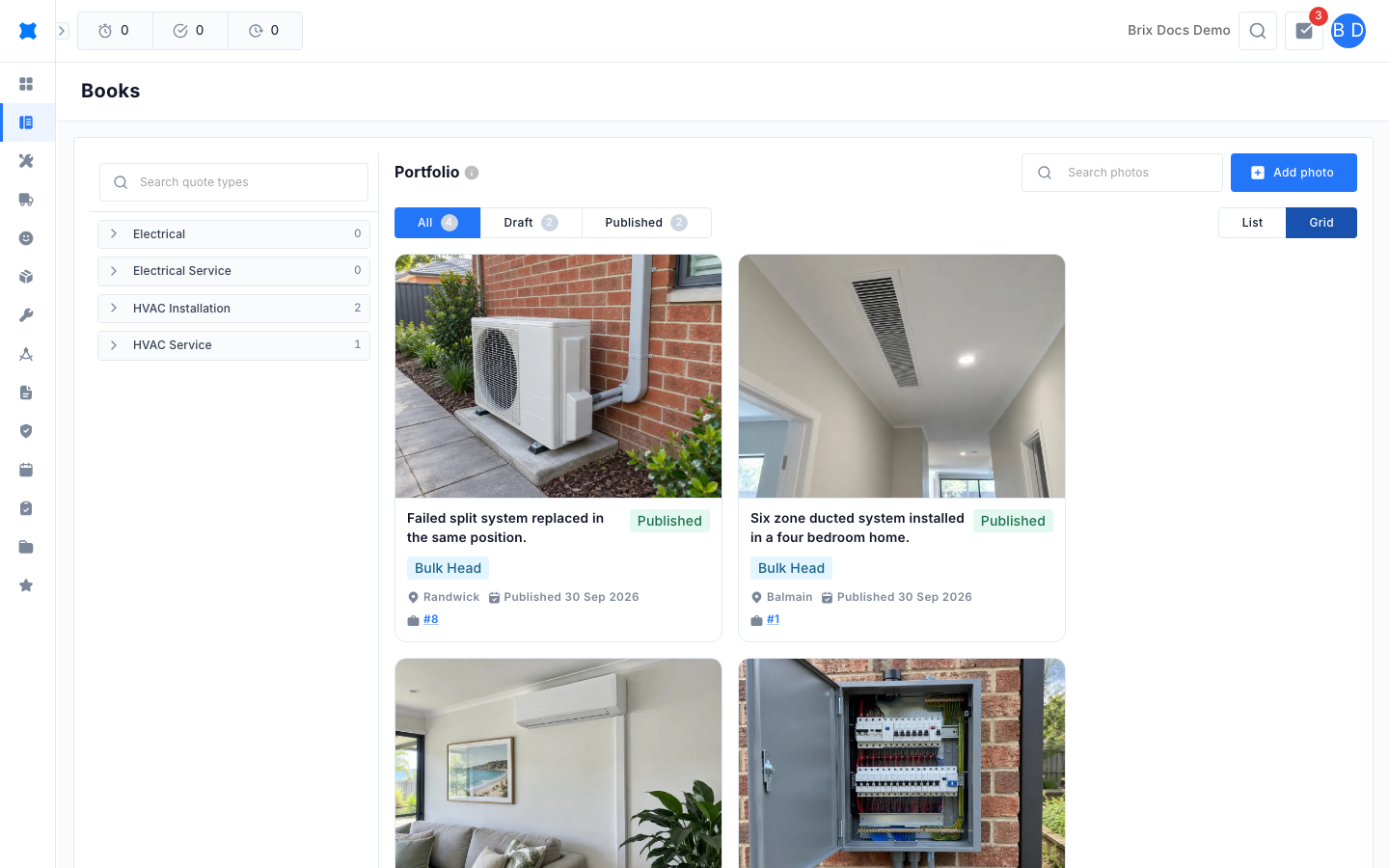 Portfolio in Grid view showing each photo as a card with its caption, status, quote type and suburb