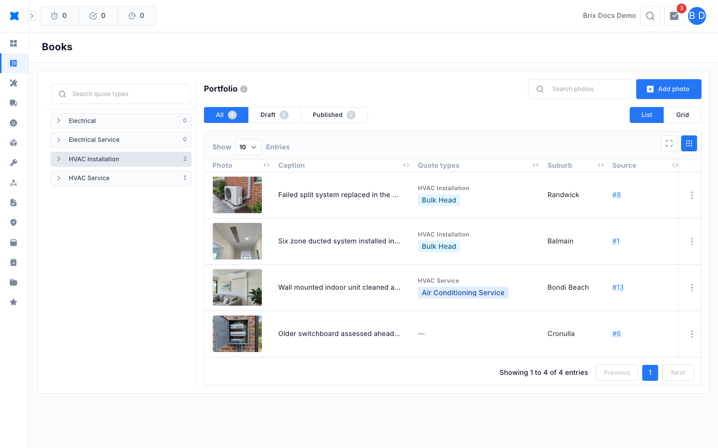 Portfolio in List view with the quote type filter on the left, the All, Draft and Published tabs, and a table of photos with caption, quote types, suburb and source