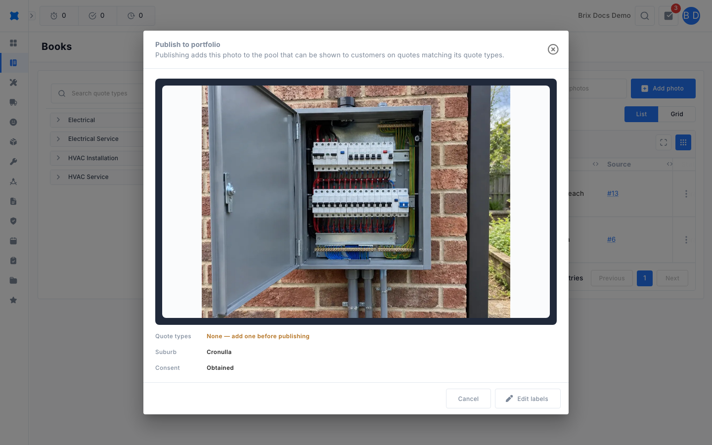Publish to portfolio window showing the photo with its quote types, suburb and consent checks, and an Edit labels button