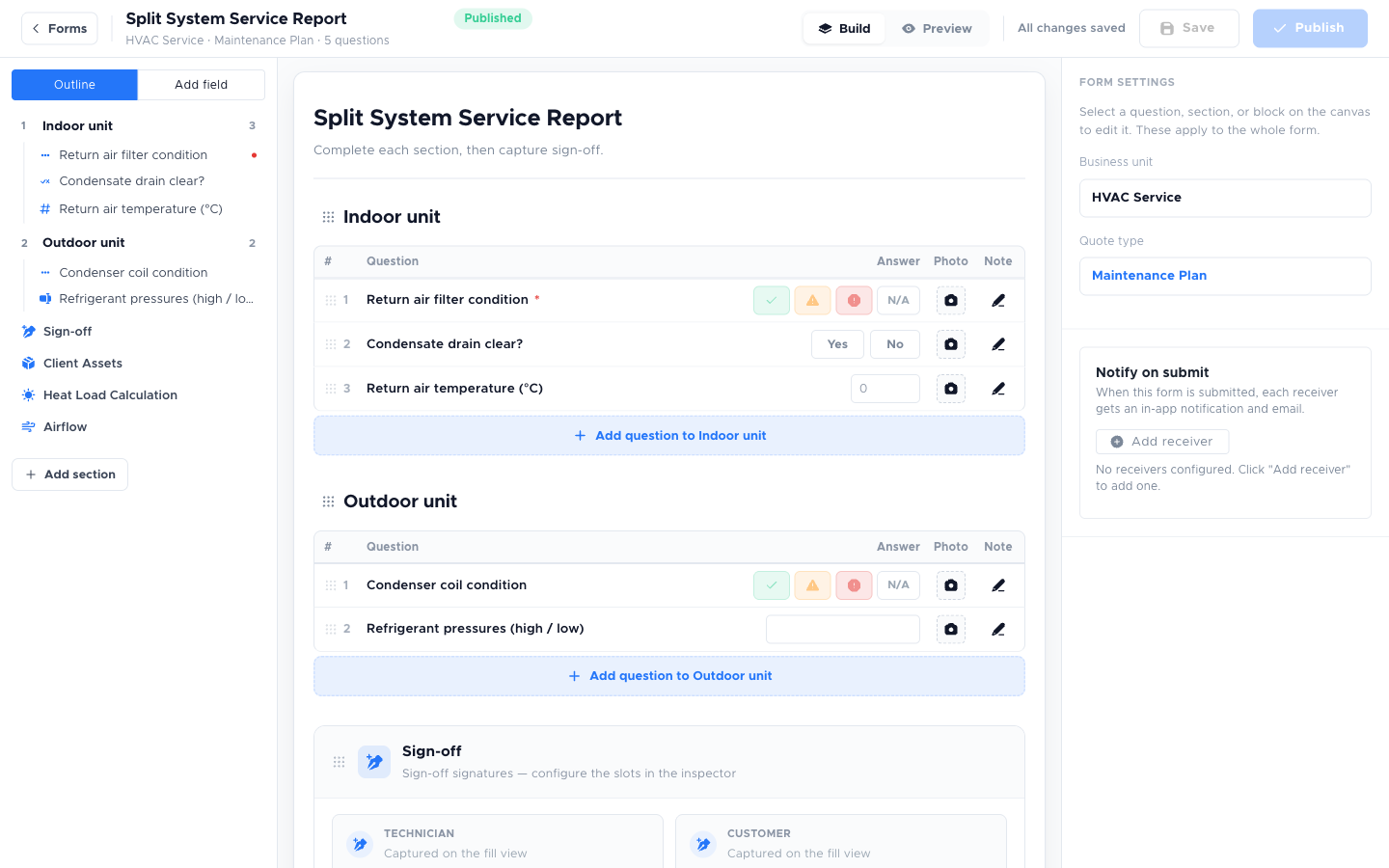 Form Builder — the Outline rail on the left, the form canvas with its question sections and Sign-off, Client Assets, Heat Load and Airflow blocks in the middle, and Form settings on the right
