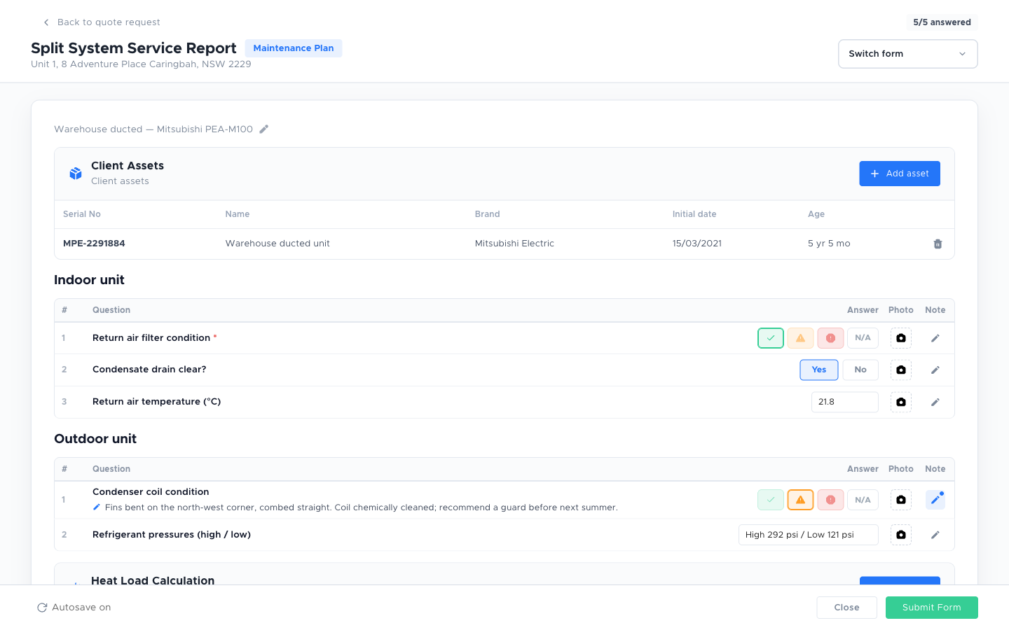 The fill screen showing a Client Assets table, question sections with condition-rating, Yes / No and typed answers, a note under one row, and a footer with Autosave on, Close and Submit Form