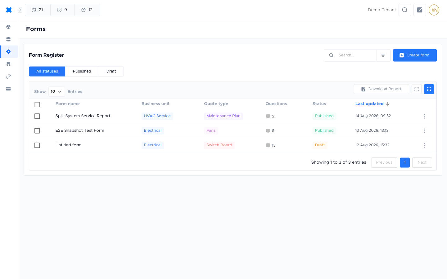 Form Register listing forms with their opportunity types, question count and Draft or Published status, filtered by the All statuses tab