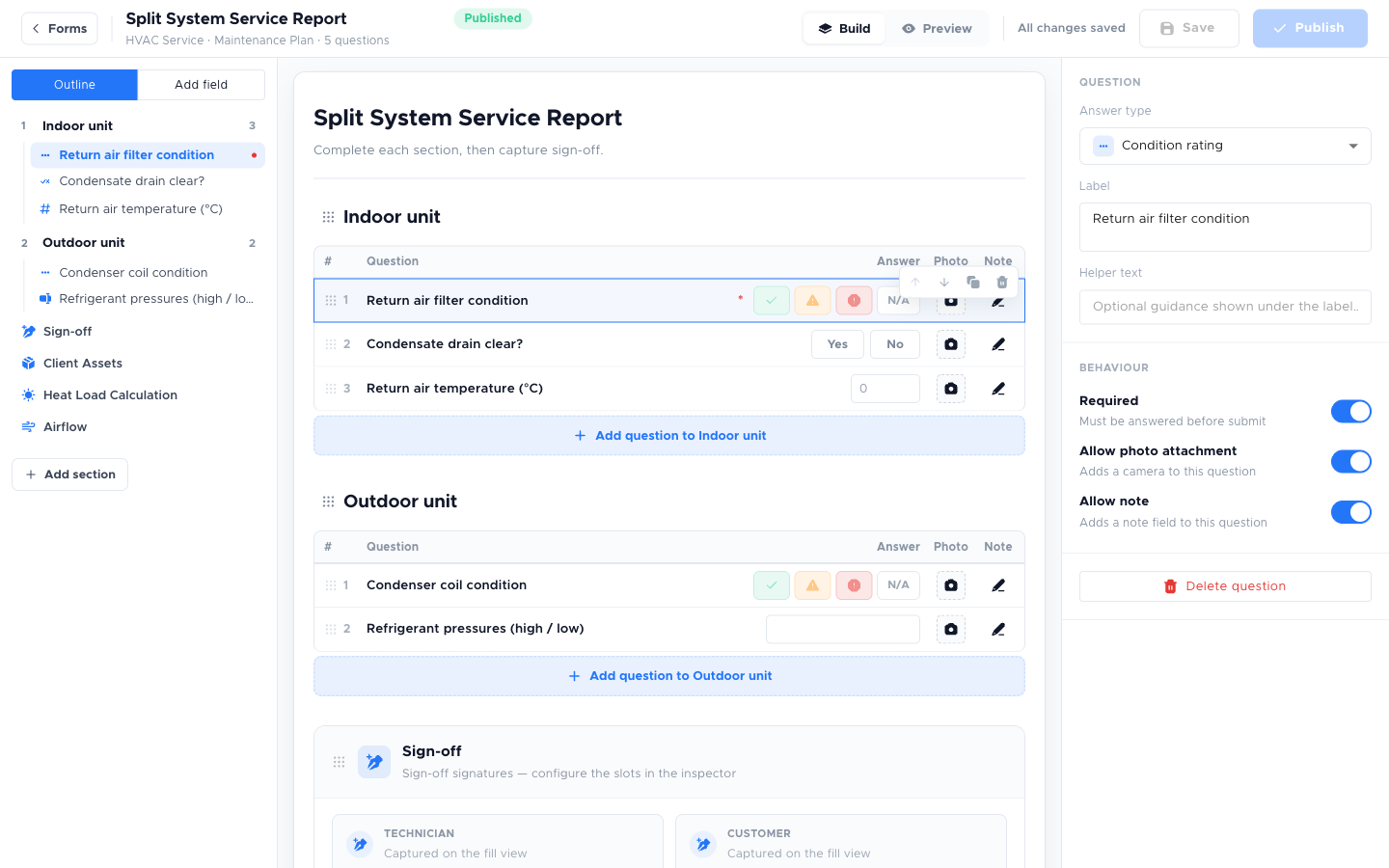 The Form Builder with a question row selected, showing the inspector on the right with Answer type, Label, Helper text, and the Required, Allow photo attachment and Allow note toggles