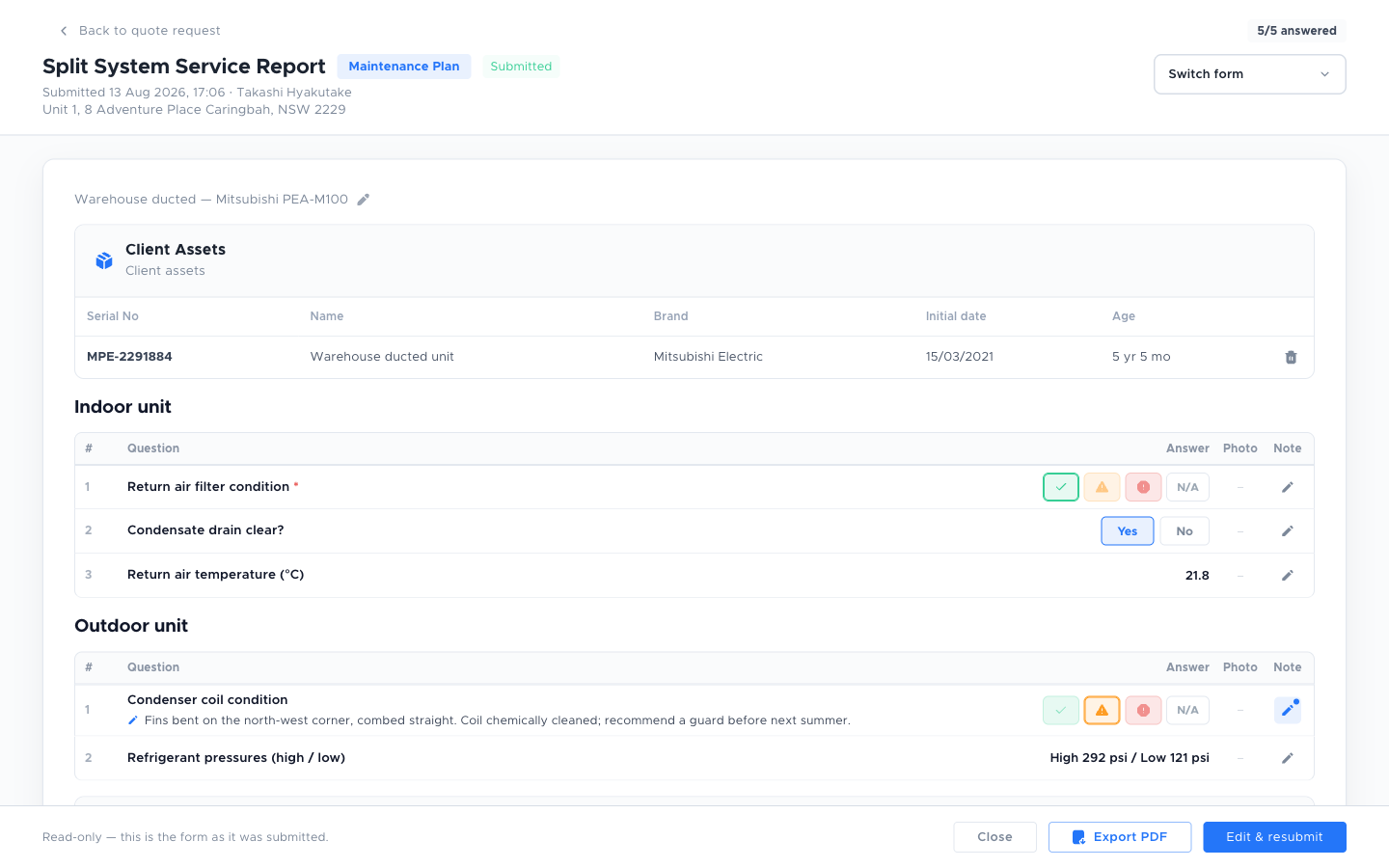 A submitted Split System Service Report reopened read-only, showing the Client Assets table, answered sections, and a footer with Close, Export PDF and Edit & resubmit