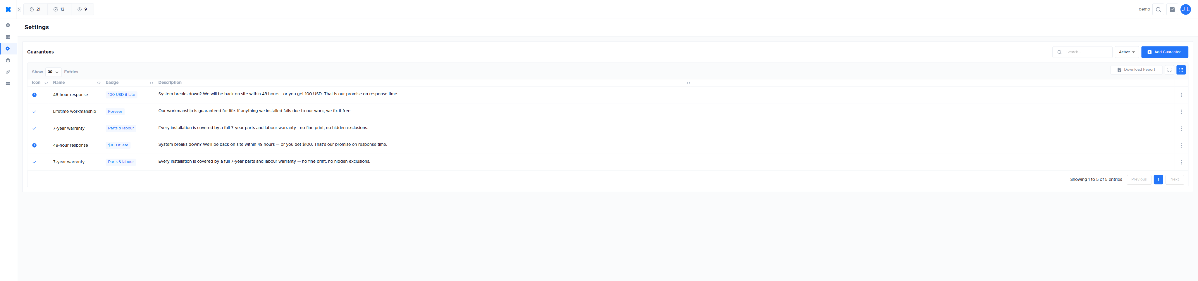 The Guarantees library under Settings, listing each guarantee with its icon, name, value badge, and description
