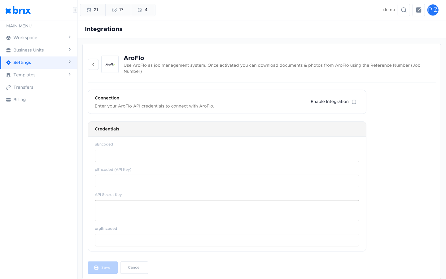 AroFlo integration page showing the Connection section with Enable Integration, and the Credentials section with the four credential fields