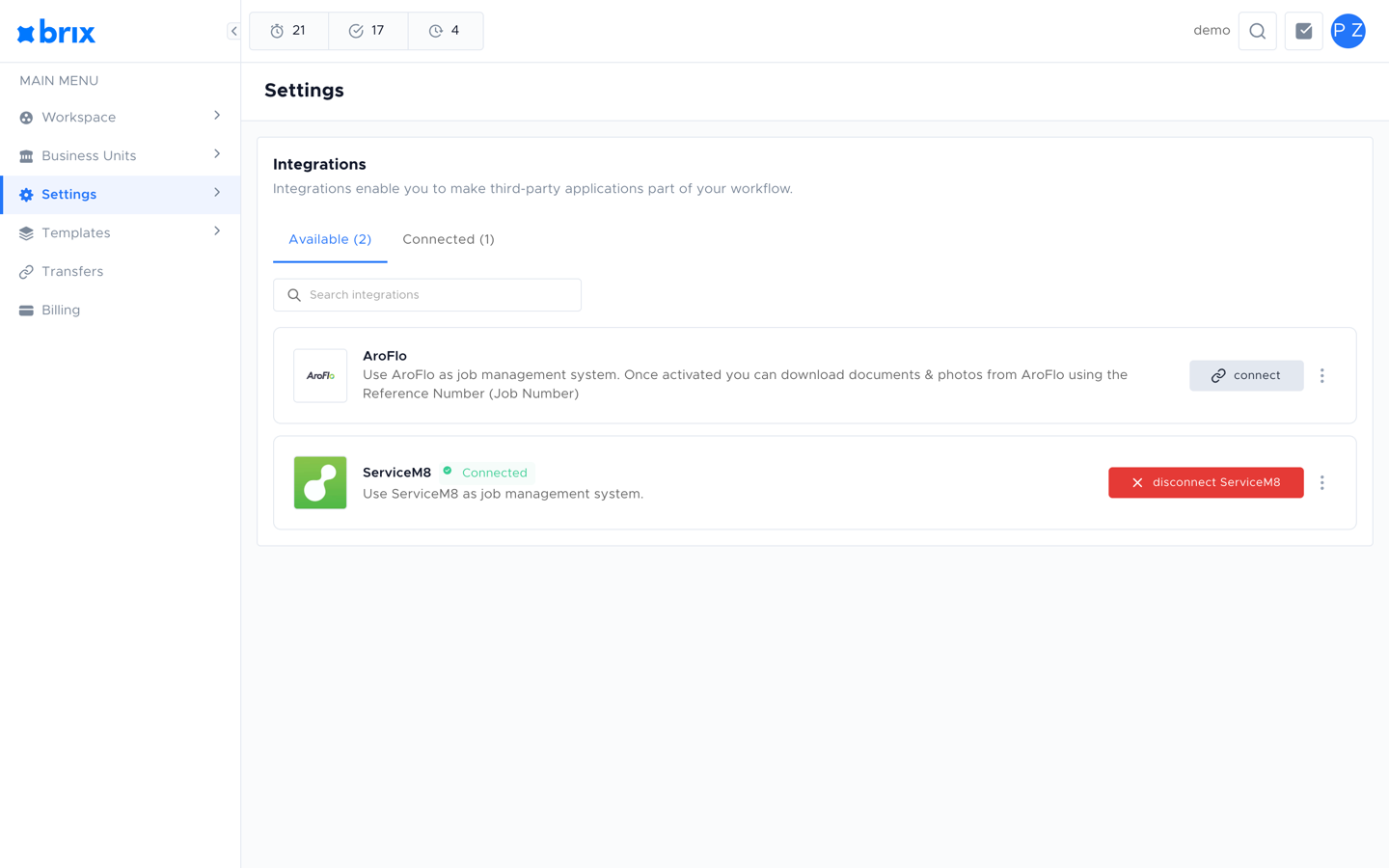 The Integrations page showing the Available and Connected tabs with ServiceM8 as a card
