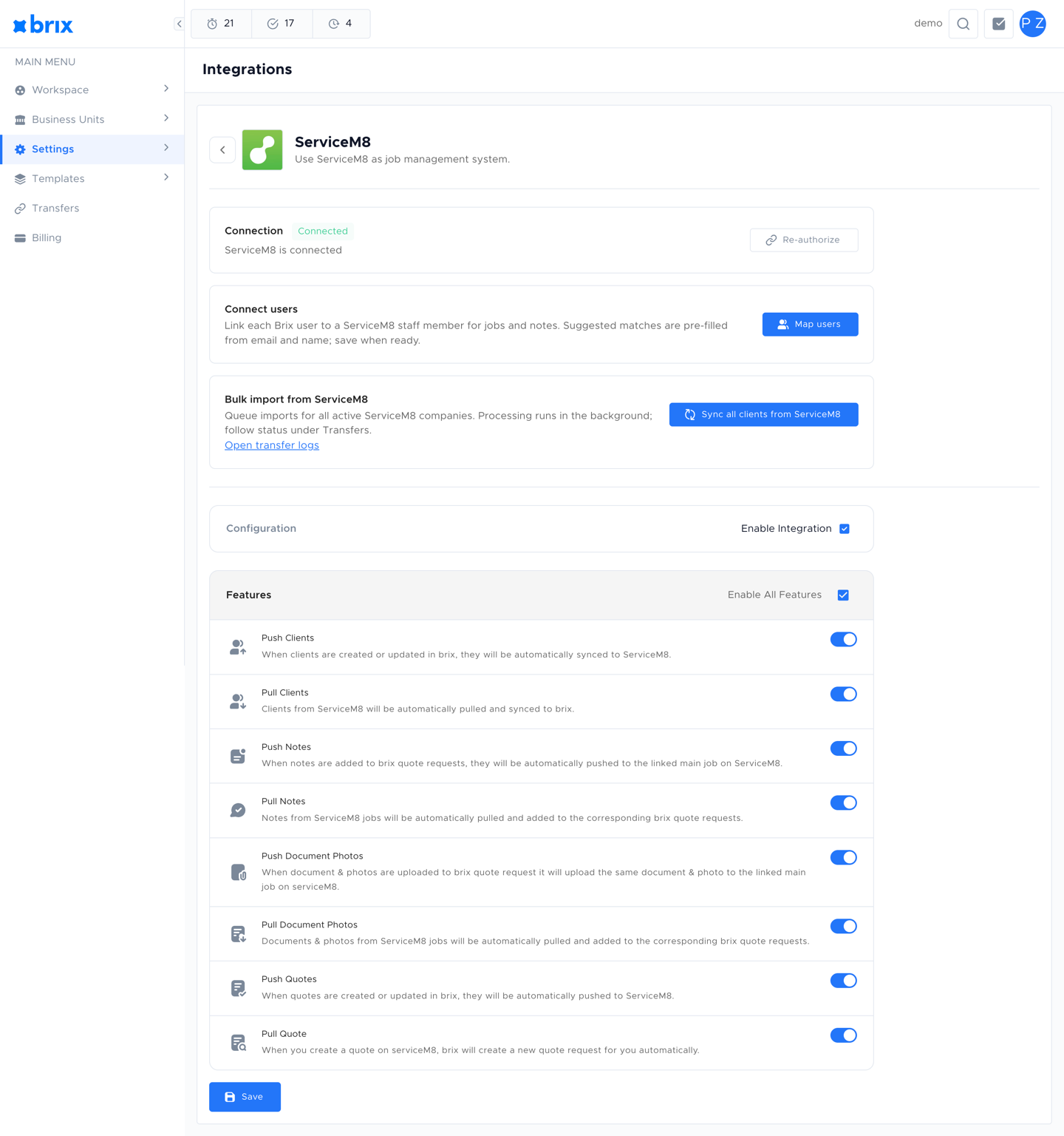 The ServiceM8 integration settings page showing the connected state with configuration controls visible