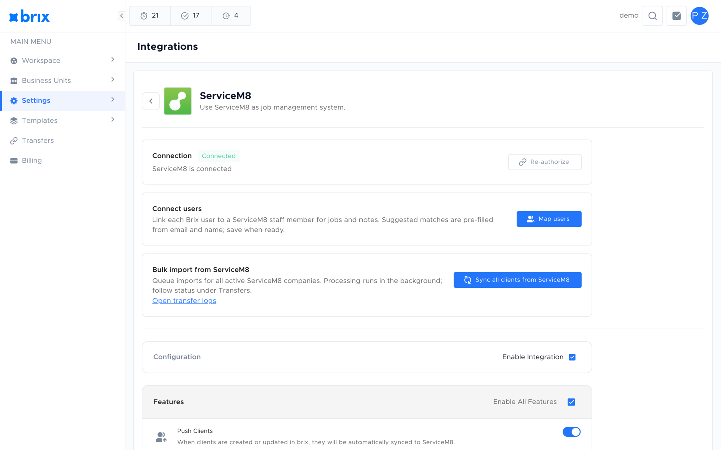 ServiceM8 integration page when connected, showing the Connection section with the green Connected chip and Re-authorize button, the Connect users section, the Bulk import from ServiceM8 section, and the top of the Configuration section