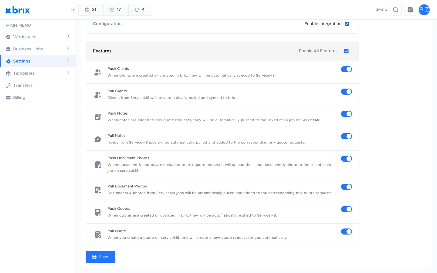The Features section with all eight push/pull toggles and the Enable All Features switch
