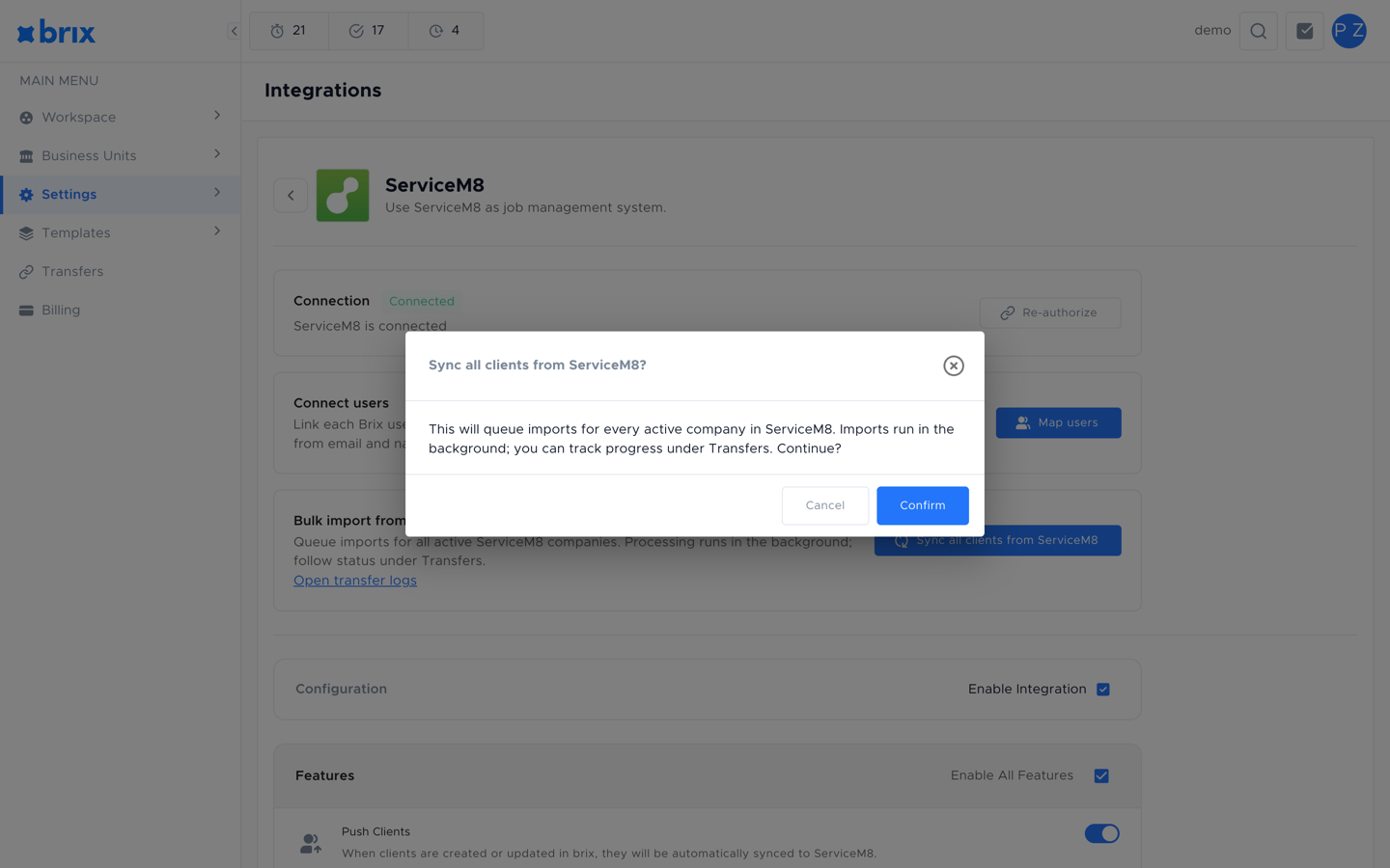 Confirmation dialog before queuing the bulk client sync from ServiceM8
