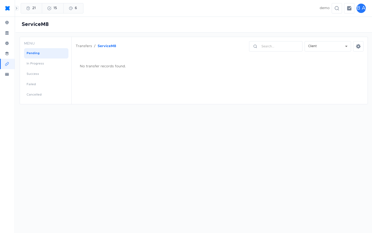 Transfers page filtered to ServiceM8 with status tabs on the left and the record-type selector on the right