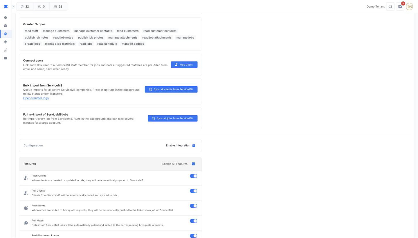 The Bulk import from ServiceM8 and Full re-import of ServiceM8 jobs sections side by side, above the Granted Scopes list which includes manage badges