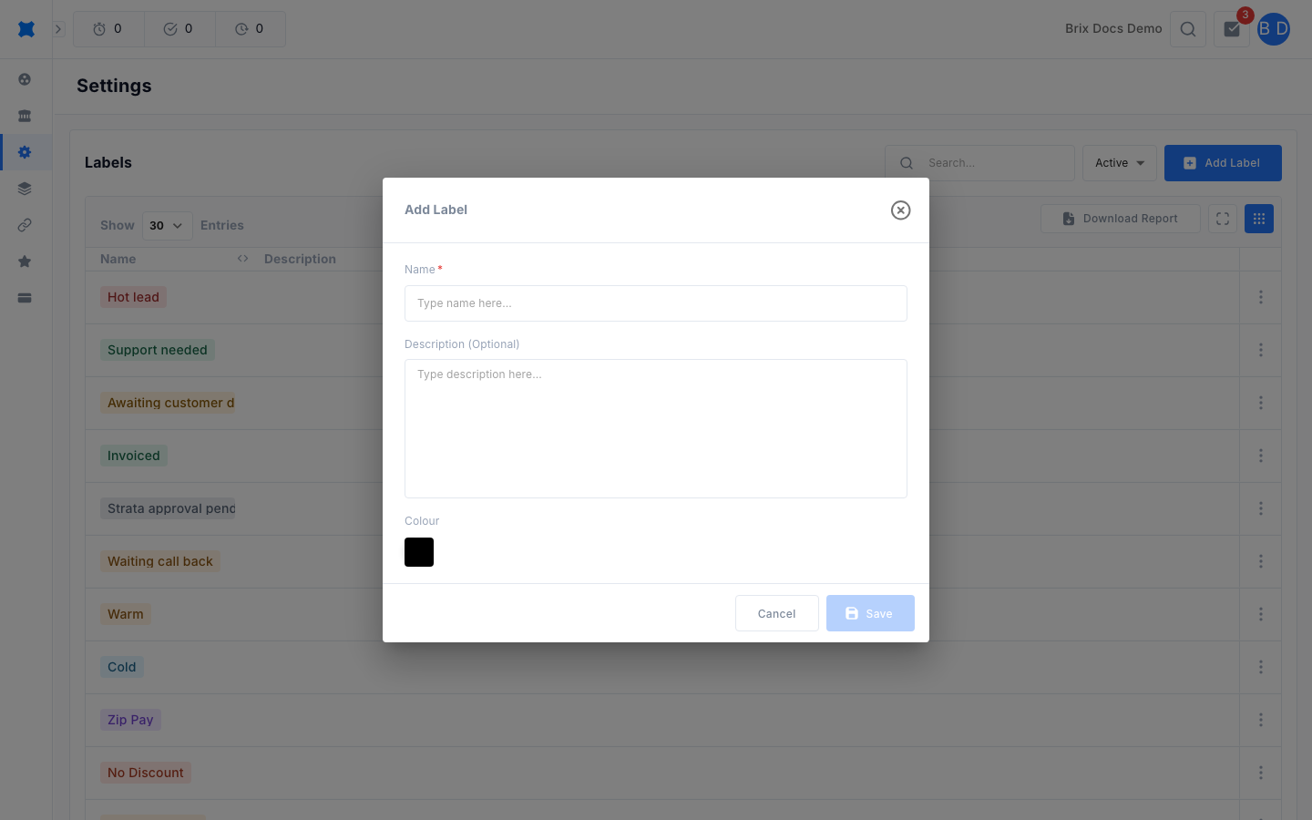 Label dialog with name, description and colour picker