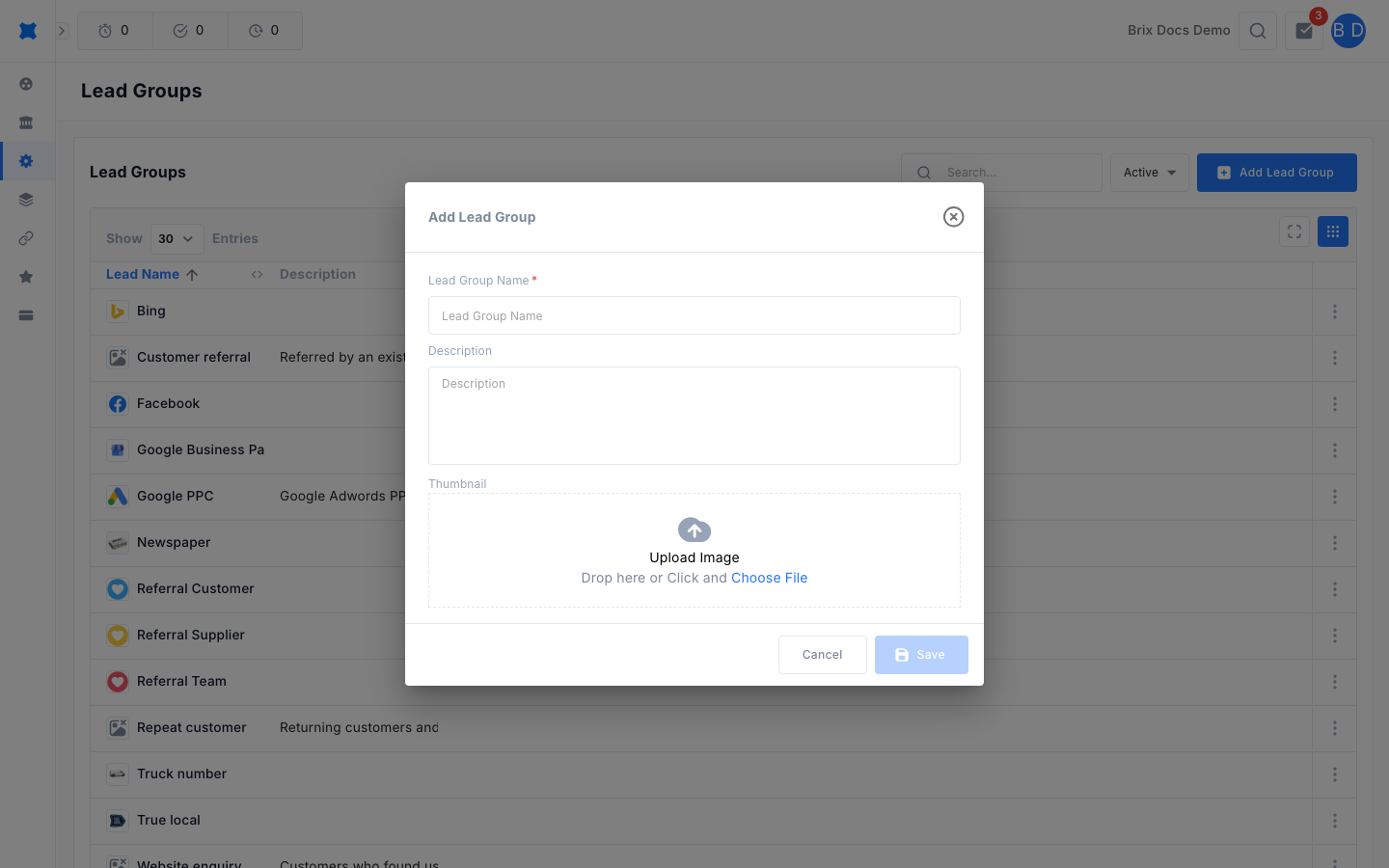 Add Lead Group dialog with name, description and thumbnail fields