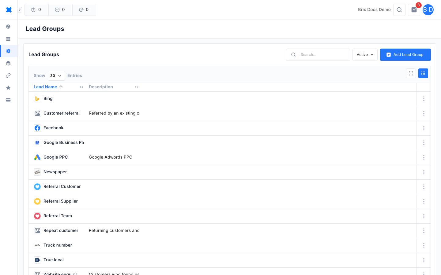 Lead Groups list with a thumbnail, name and description for each group