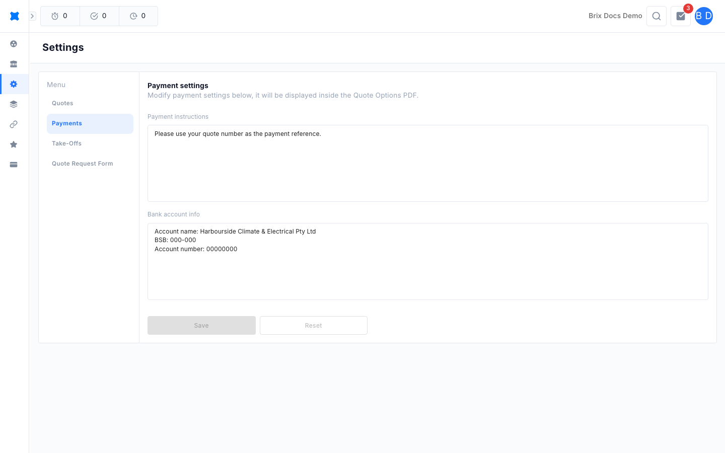 Payments section with the payment instructions and bank account info fields