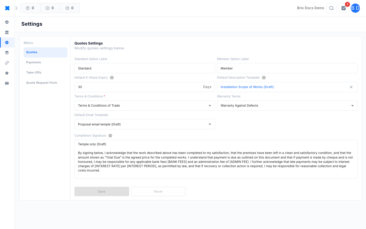 Quotes section with option labels, expiry days, terms and email template fields