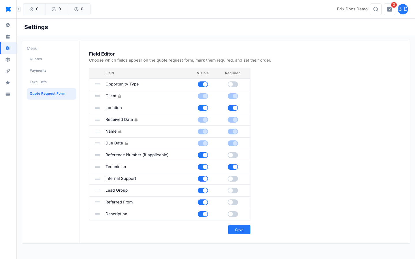 Quote Request Form section with the field editor showing drag handles and visible and required switches