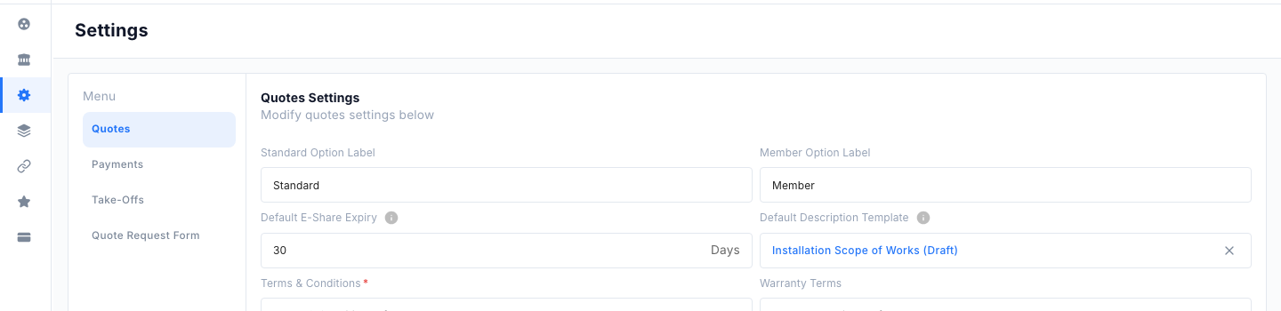 Quote Settings page with the Quotes, Payments, Take-Offs and Quote Request Form sections