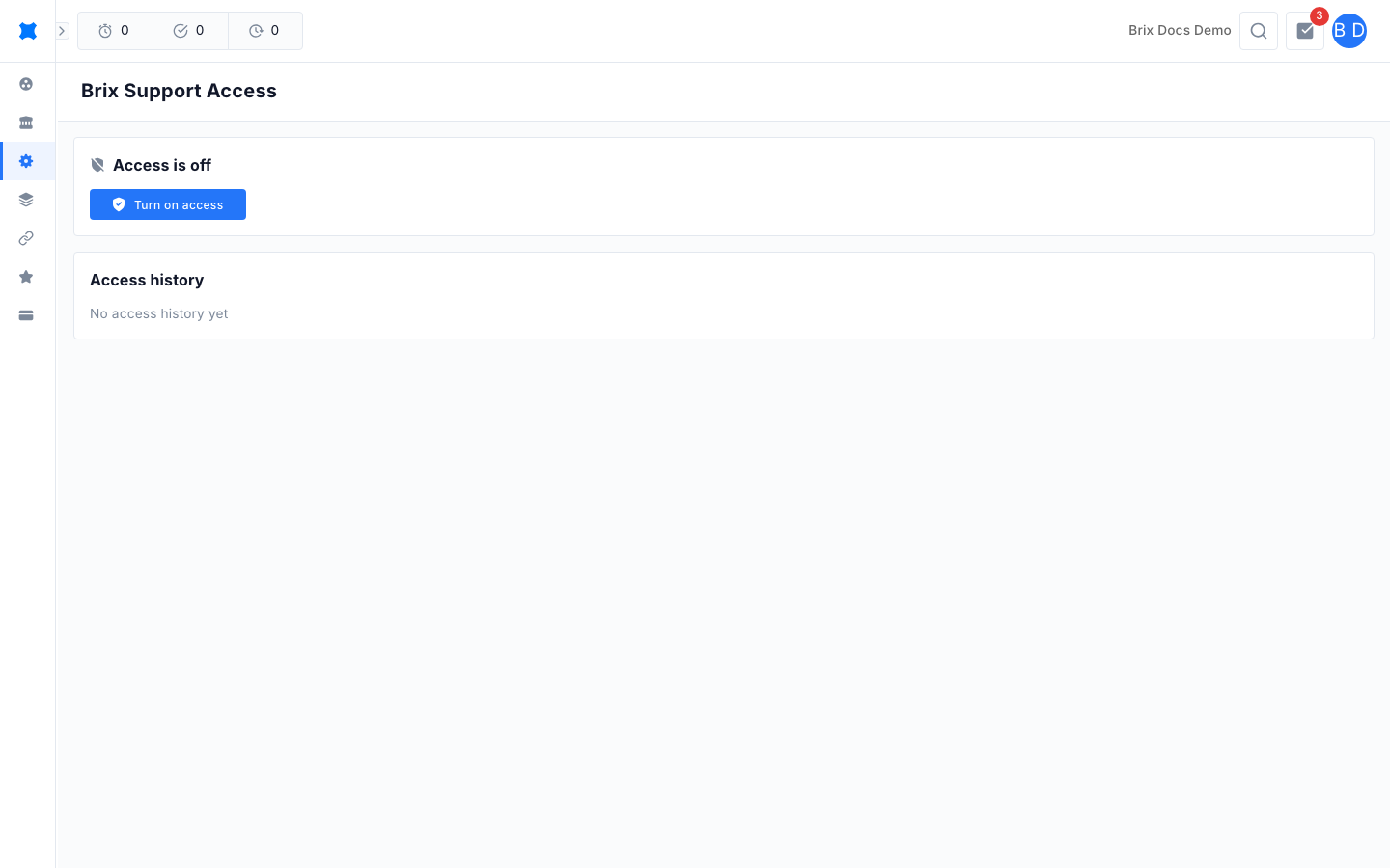 Brix Support Access page with the Access is off status card and an empty access history