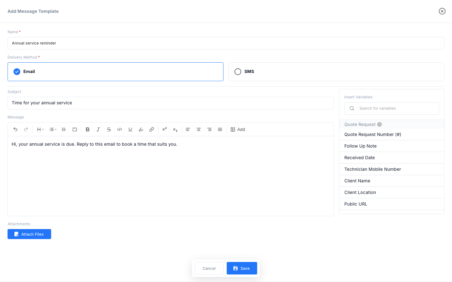 Add Message Template dialog with an email subject, message and the Insert Variables list