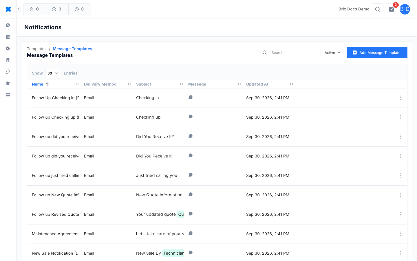 Message Templates list showing template names, delivery method, subject and last updated date