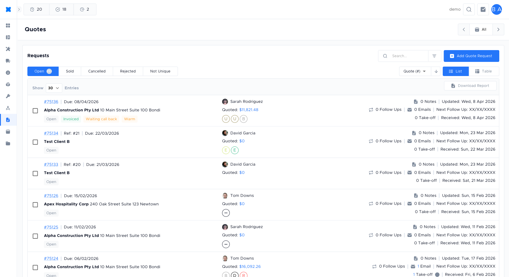 Quote requests list