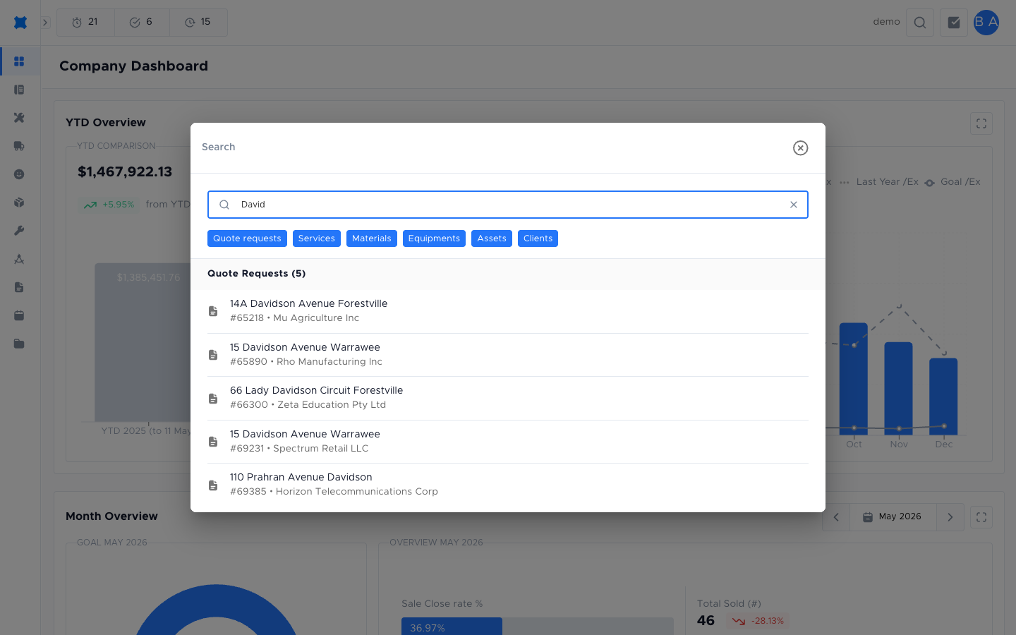 Search modal showing results grouped by record type for a sample query