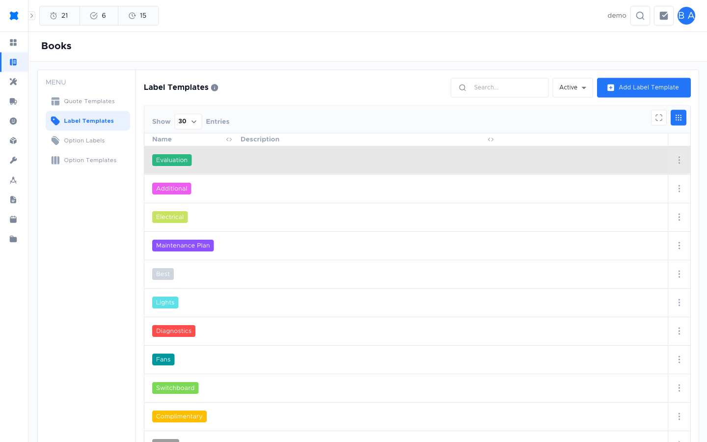 Label Templates list under Books → Templates