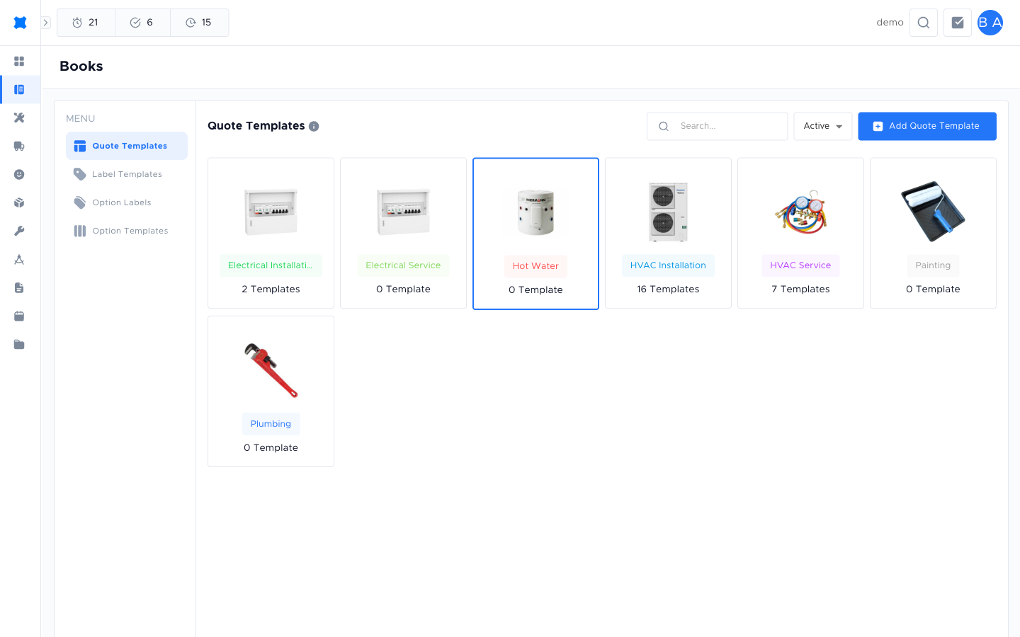 The Books Templates page showing four tabs: Quote Templates, Label Templates, Option Labels, and Option Templates