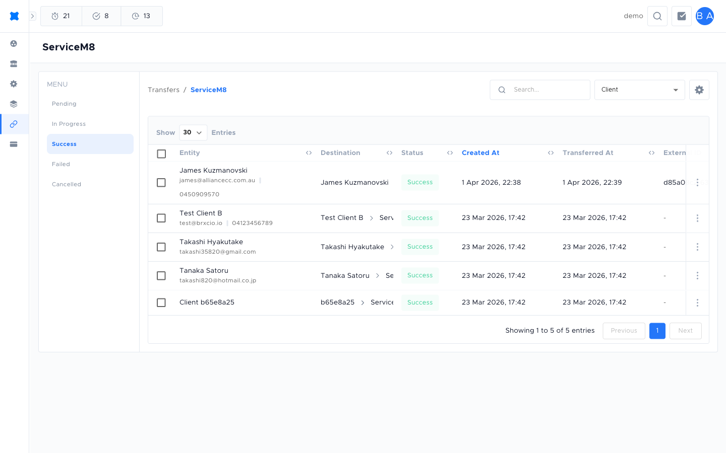 Transfer logs filtered to ServiceM8 — Success tab with synced client rows