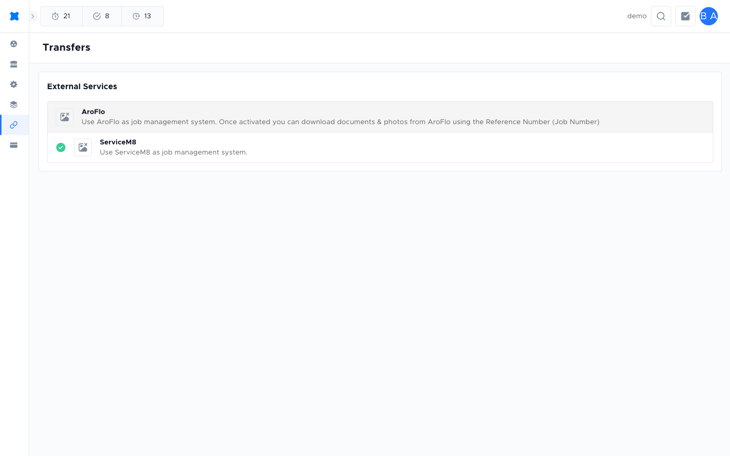Transfers — External Services with AroFlo and ServiceM8 destinations